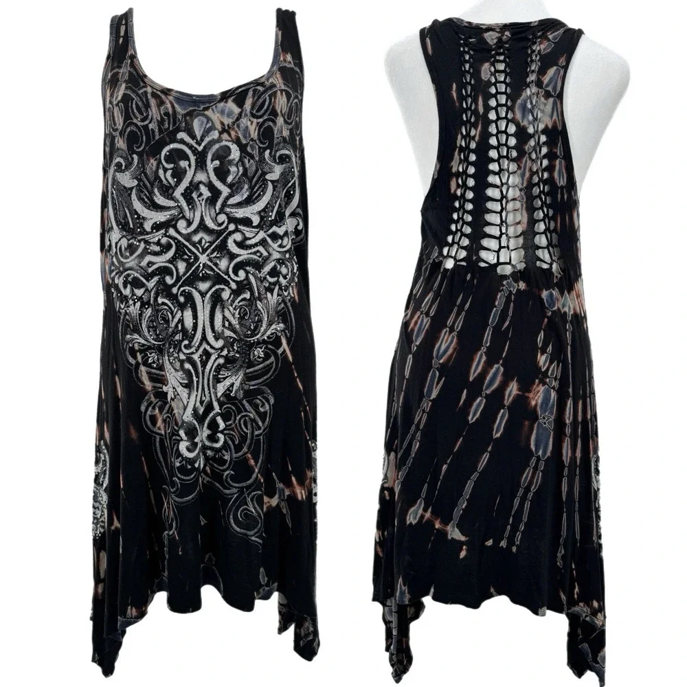 Vocal Y2K Goth Mini Dress L Tie Dye Crochet Indie Edgy Rhinestone Asymmetric USA - Picture 1 of 10